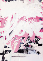 Abstract graffiti artwork repeating the word love in pink, black and white script