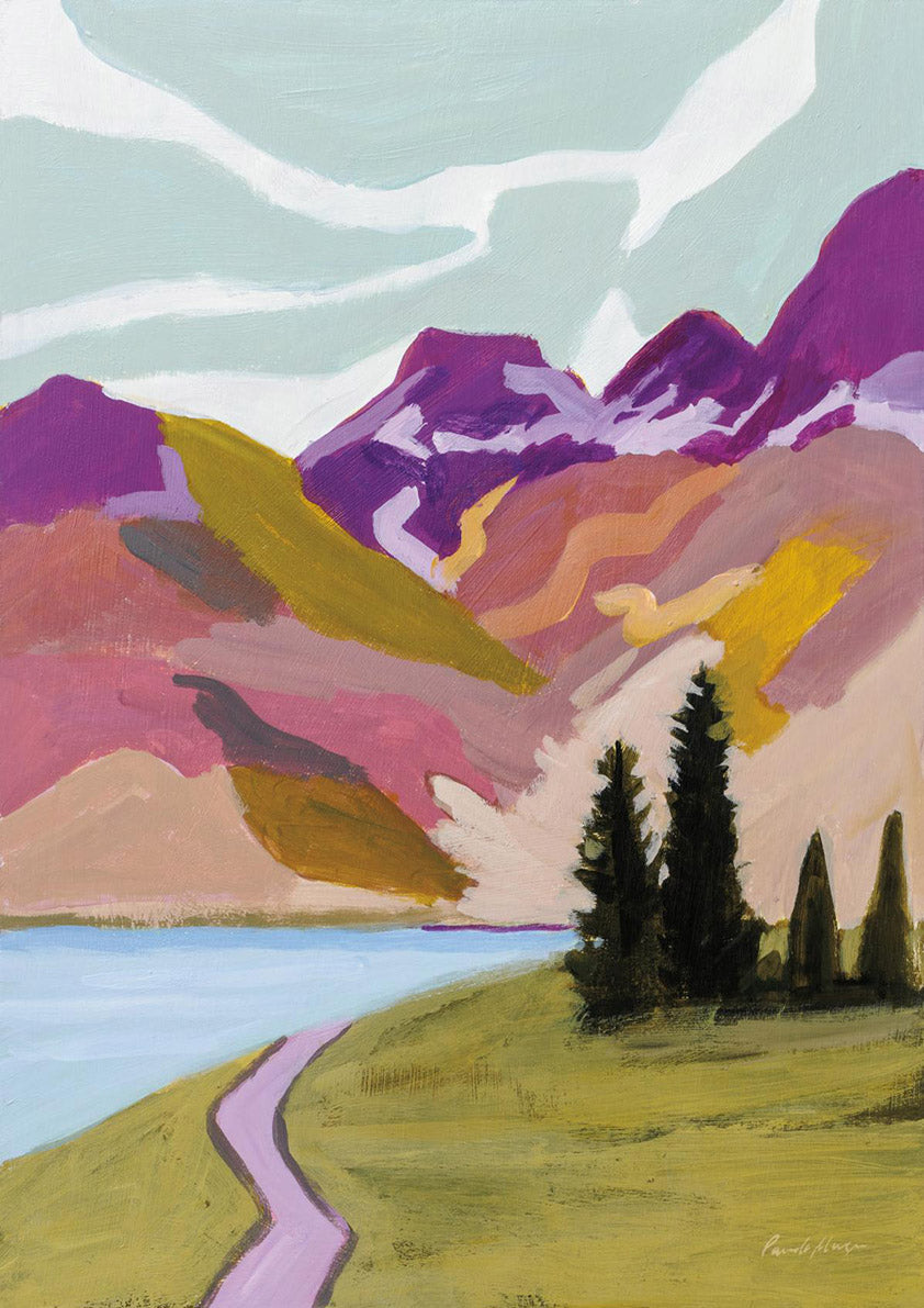 Painted landscape of purple and ochre mountains beside a blue lake with a pink winding road