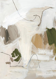 Abstract painting with cream and beige brushstrokes, olive green marks and thin black lines