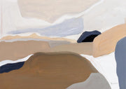 Abstract landscape painting with tan, brown, grey-blue bands and a navy shape
