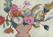 Painterly still life of a pink and white floral bouquet in a vase