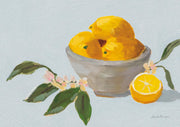 Painting of a grey bowl filled with lemons, a halved lemon, and citrus blossom sprigs on a pale grey background.