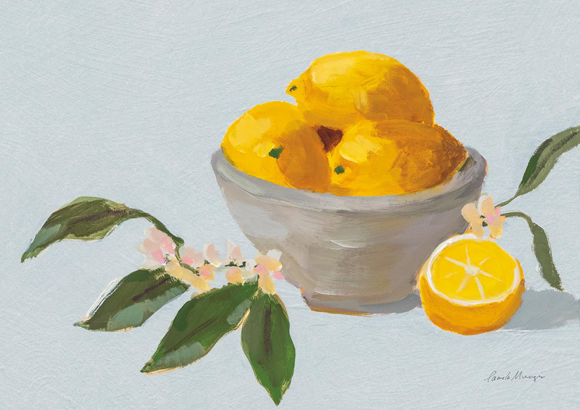 Painting of a grey bowl filled with lemons, a halved lemon, and citrus blossom sprigs on a pale grey background.