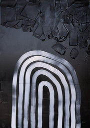 Abstract artwork with nested white arches over a cracked black textured background