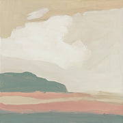 Abstract landscape painting with a dark plateau, soft clouds and pink dune bands in muted pastel tones