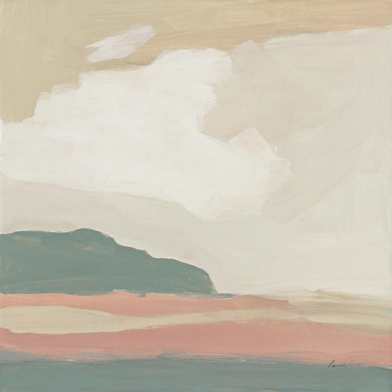 Abstract landscape painting with a dark plateau, soft clouds and pink dune bands in muted pastel tones
