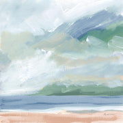Painterly lakeside beach scene with soft blue sky, green headland and peach sand
