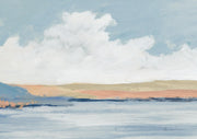 Painterly landscape with a large cloud, soft blue sky and pastel shoreline above a calm river