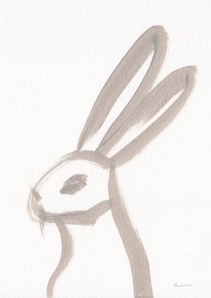 Painterly grey rabbit head in profile with tall ears on white paper