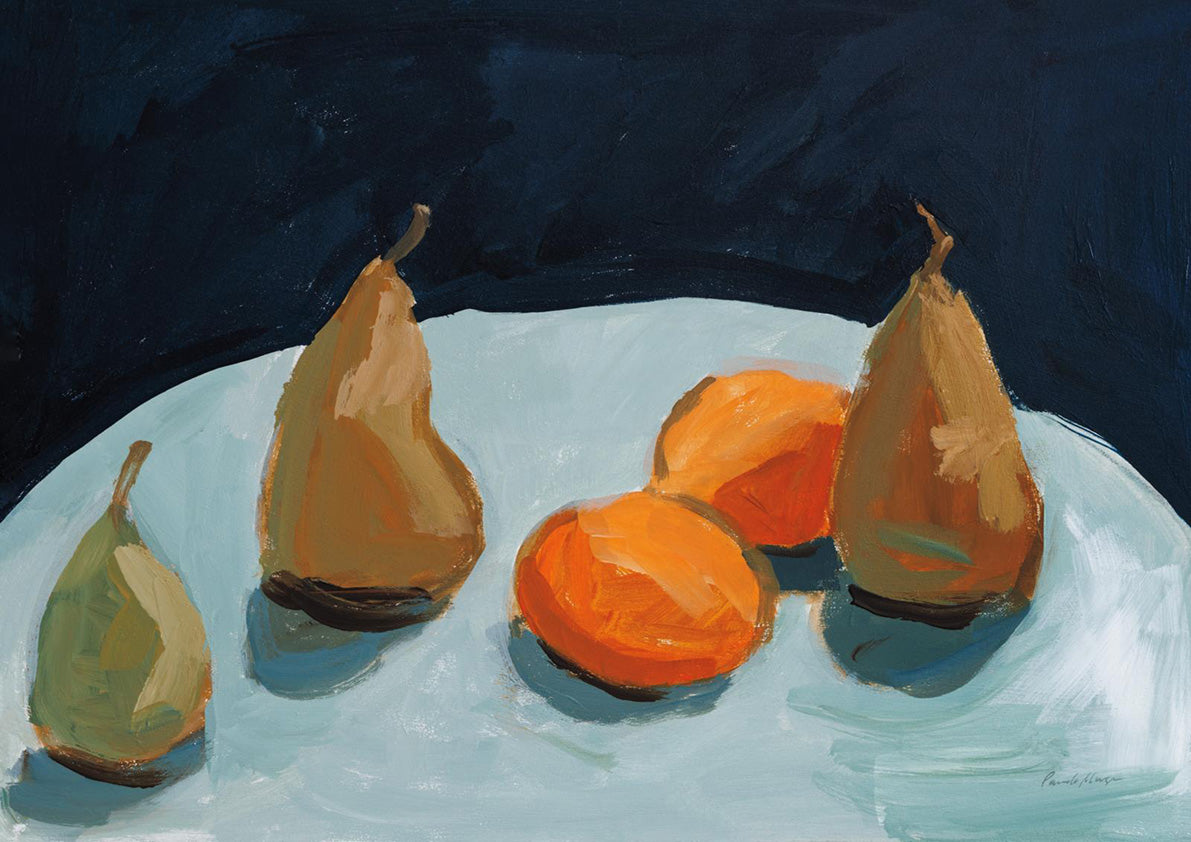 Painterly still life of three pears and two oranges on a pale table against a navy background
