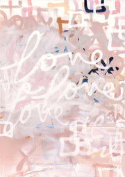 Abstract artwork with repeated white cursive "love" script over blush pink and cream tones.