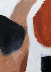 Abstract painting with black, terracotta and white curved shapes and visible brushwork