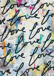 Repeated handwritten word love in black script over colourful paint splatters