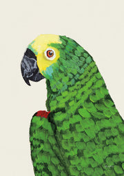 Close-up painting of a green parrot's head and shoulder with yellow face, black beak and red patch