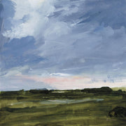 Painterly landscape print of a cloudy blue sky over green marshland with a soft pink horizon