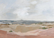 Painterly desert landscape with sandy dunes, distant grey mountains and pale sky