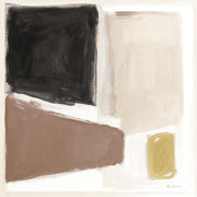 Abstract painting with black, brown, taupe and mustard geometric shapes on a white background