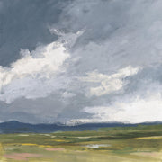 Painting of a stormy grey sky over mountains and a green field