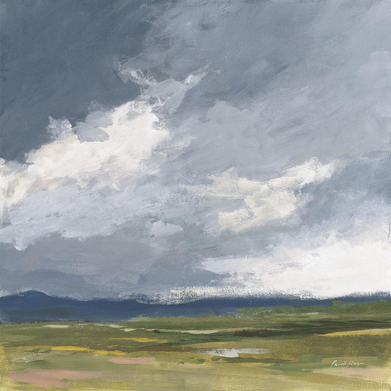 Painting of a stormy grey sky over mountains and a green field