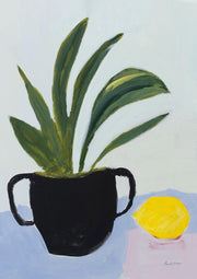 Painted still life of a black pot with green leaves and a yellow lemon on a pastel background