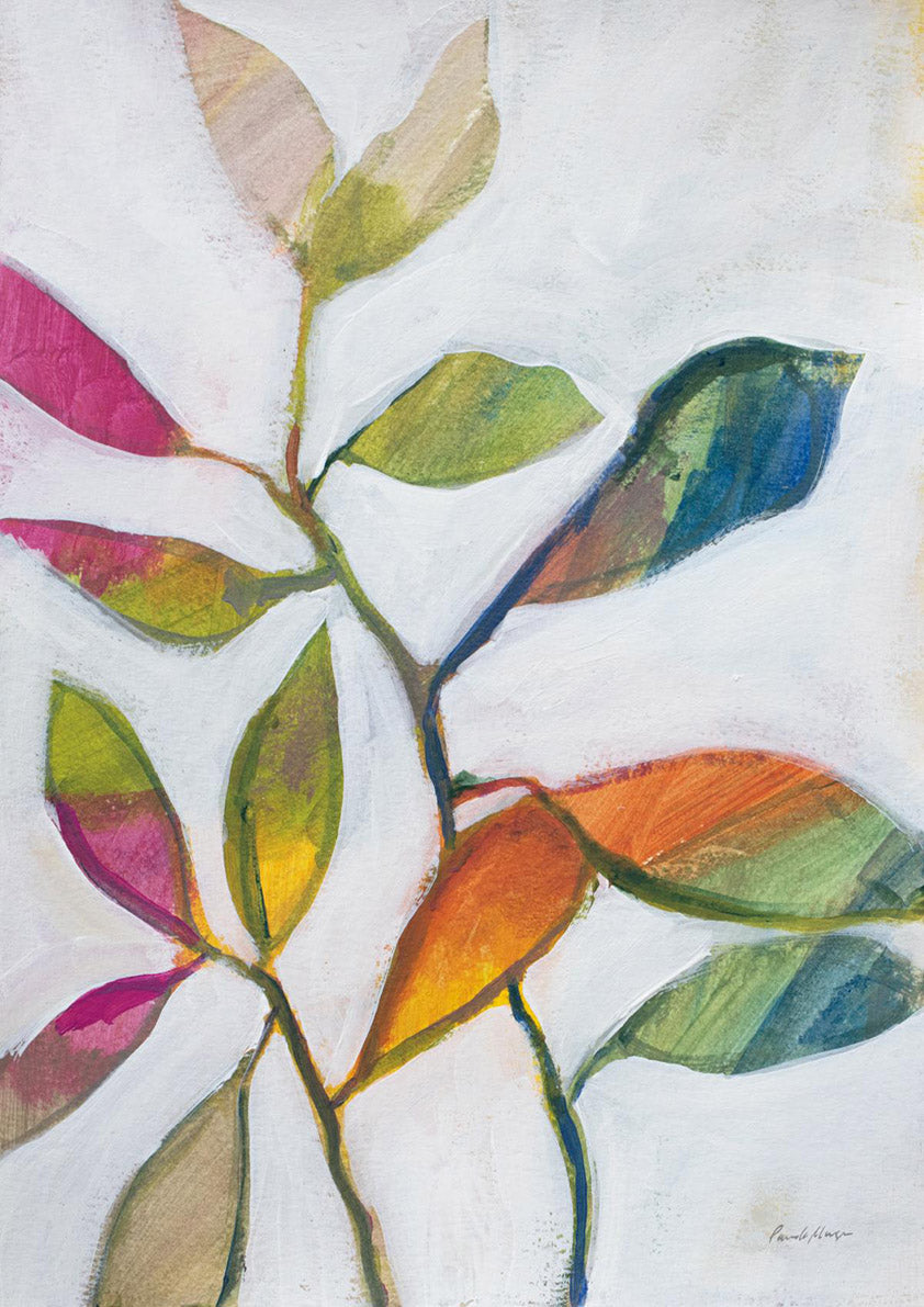 Abstract painting of a leafy branch with pink, orange, teal and green leaves on a pale background