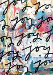 Black script word 'joy' repeated across a multicolour abstract painted background with pink, aqua and ochre splashes.