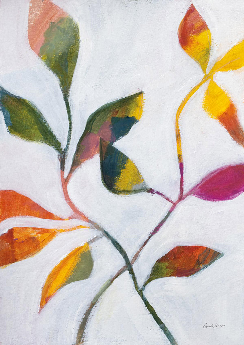 Painterly botanical artwork of crossing leaf branches in orange, yellow and green on a pale background