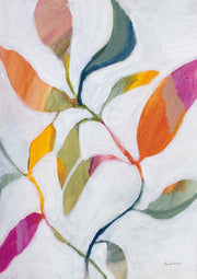 Abstract painting of colourful leaf shapes over a white brushy background.
