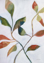 Painting of crossing branches with rust, olive and green leaves on pale grey background.