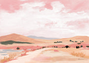 Painted desert landscape with pink sky, terracotta hills, and a sandy path