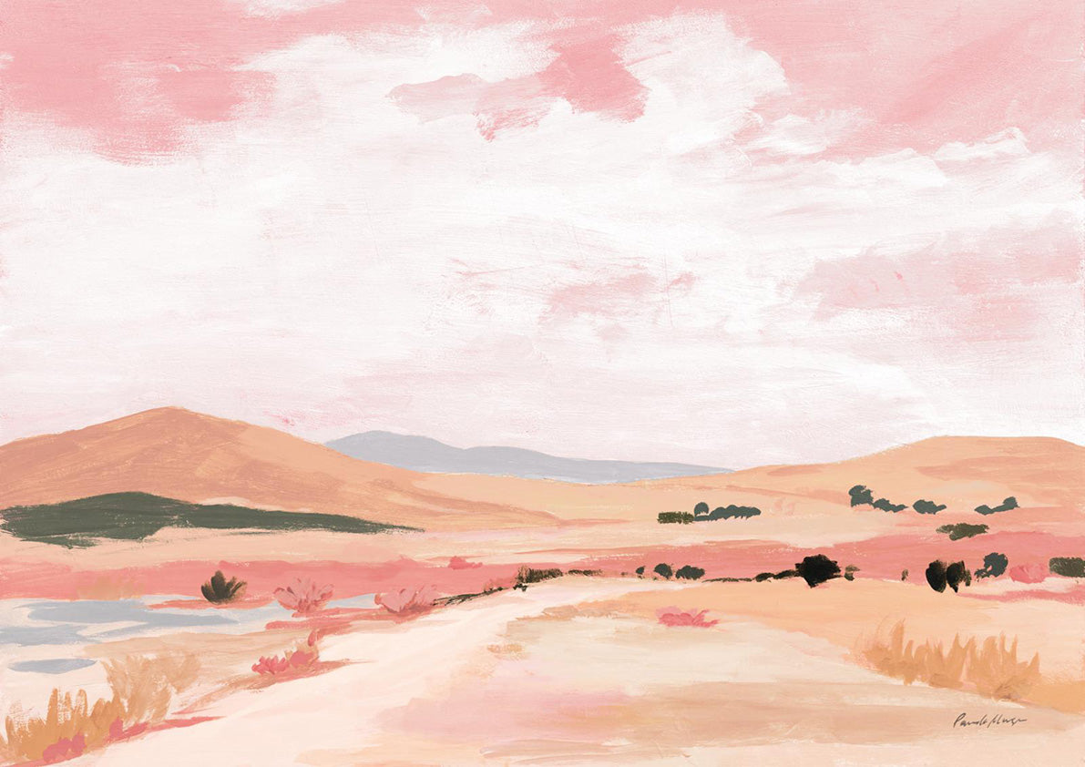 Painted desert landscape with pink sky, terracotta hills, and a sandy path
