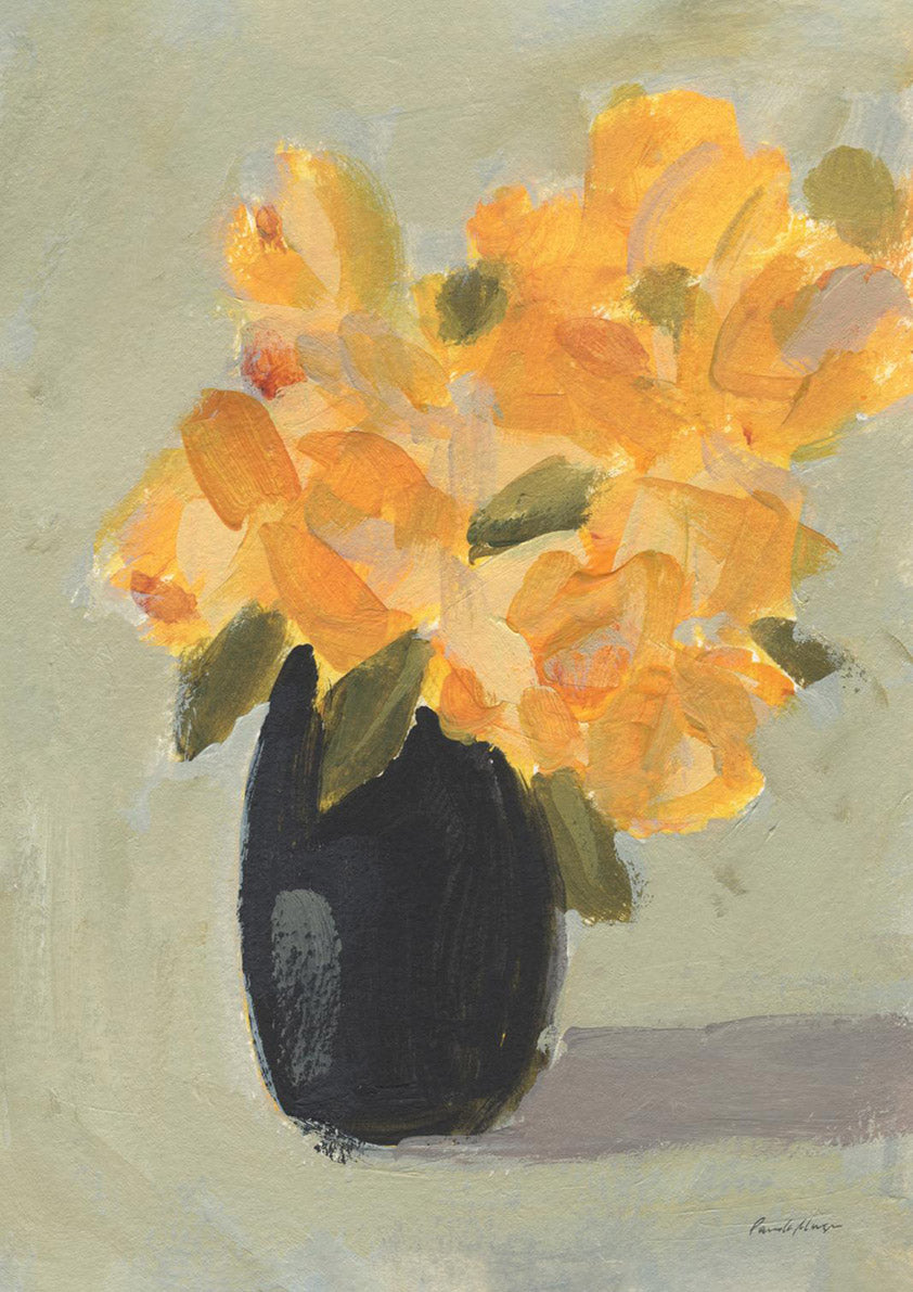 Painted still life of orange and yellow flowers in a black vase on a muted sage background