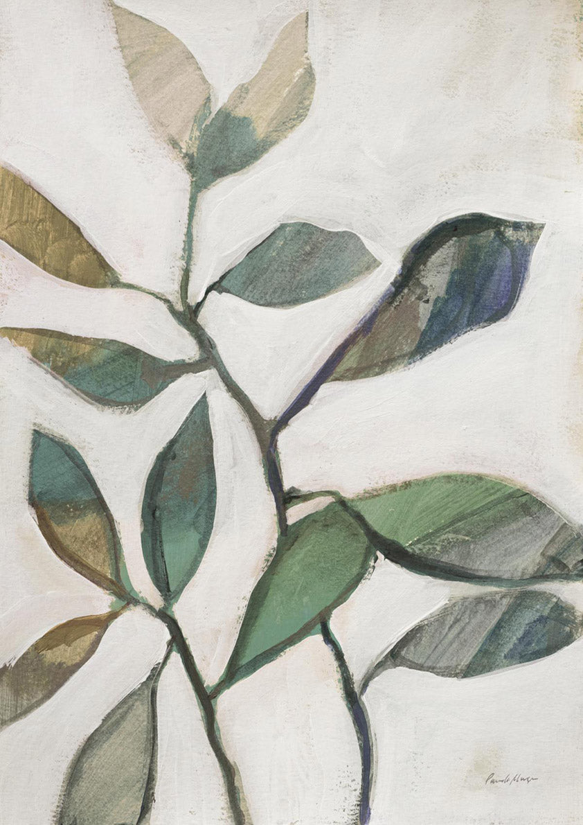 Abstract painting of leafy branch in muted green, grey and blue tones on a pale background