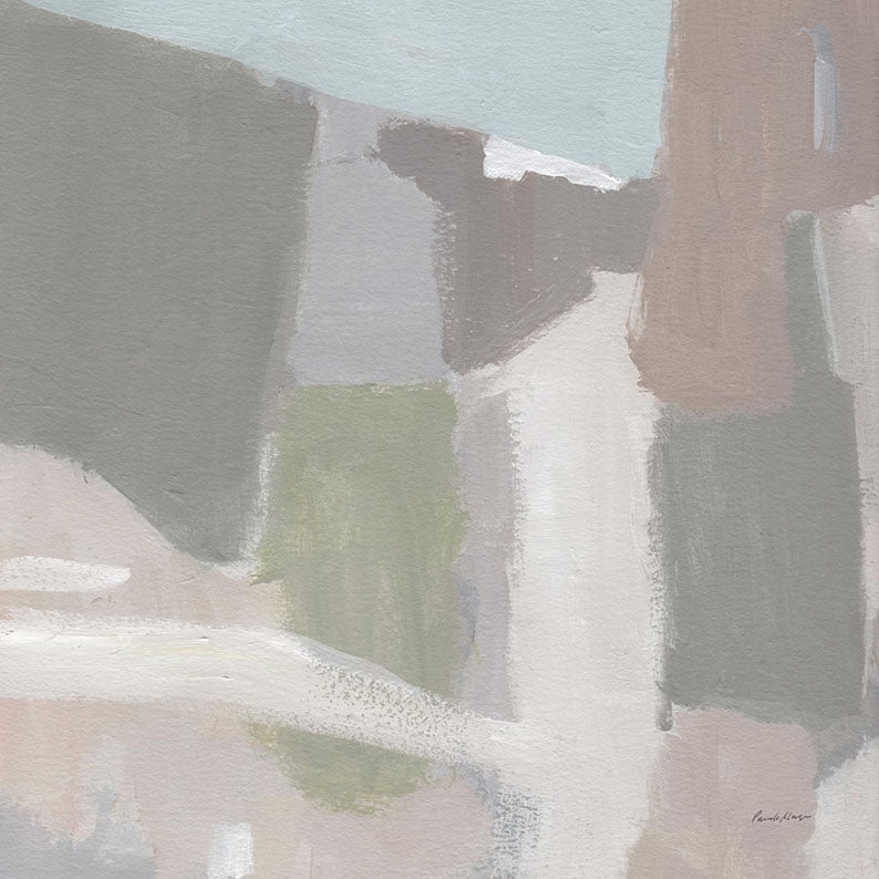 Abstract painting with muted olive, taupe and mauve geometric blocks of colour