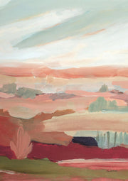 Abstract landscape painting with pink, terracotta and sage bands, soft clouds and desert plants