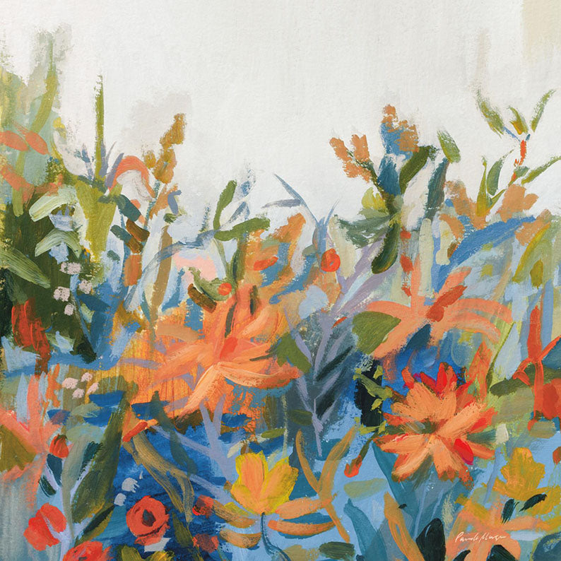 Painterly field of orange, red and yellow flowers against blue and green foliage with pale sky above