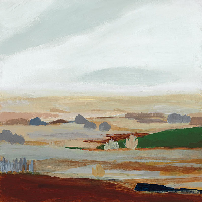 Abstract layered landscape painting with muted tan, rust and green horizontal bands