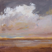 Painterly landscape with grey clouds over a rust-brown field and pale horizon