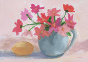 Painting of pink flowers in a blue jug with a yellow lemon on a pink background
