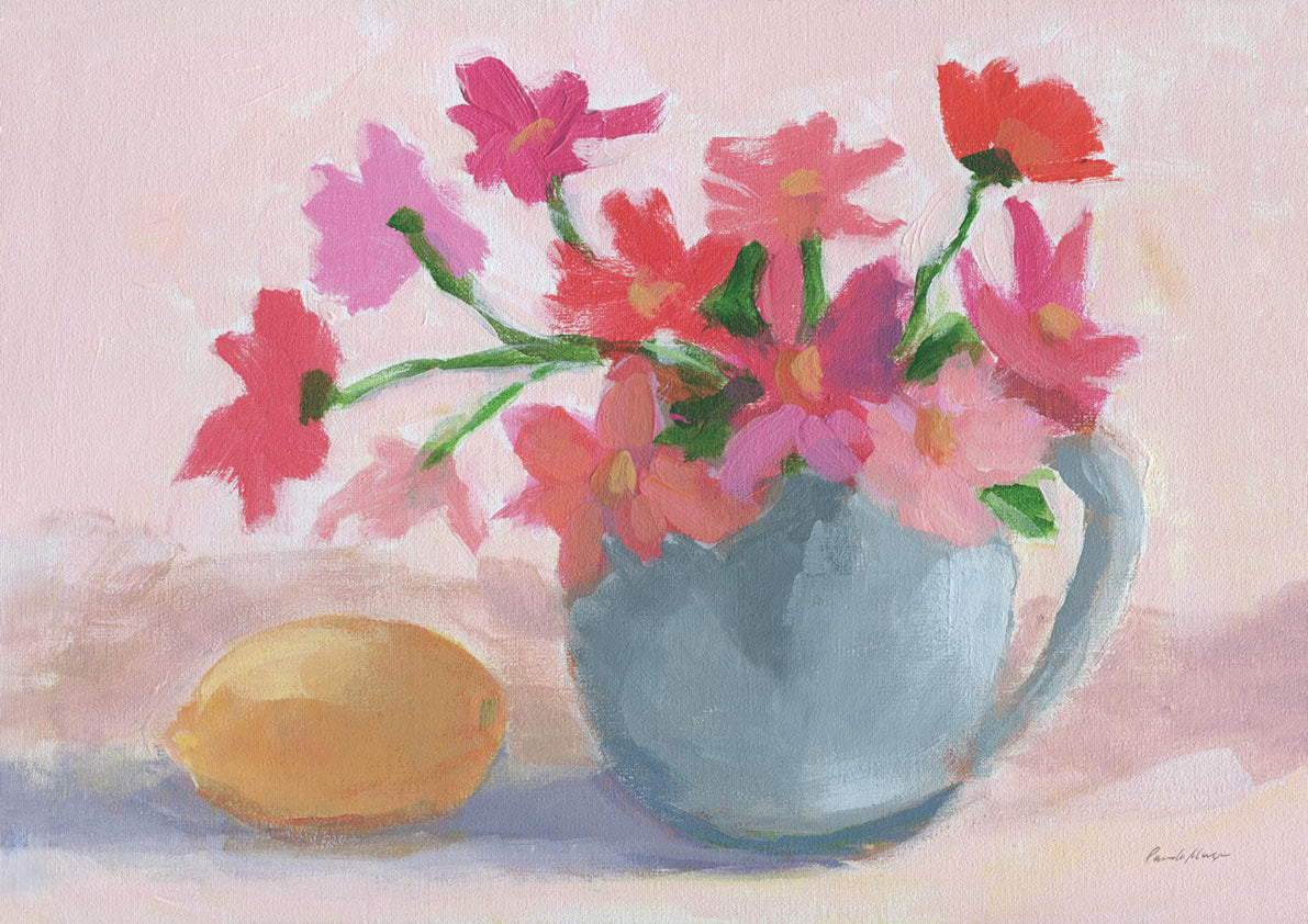 Painting of pink flowers in a blue jug with a yellow lemon on a pink background