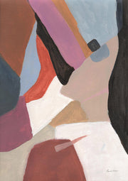 Abstract painting with interlocking geometric shapes in terracotta, mauve, black and blue