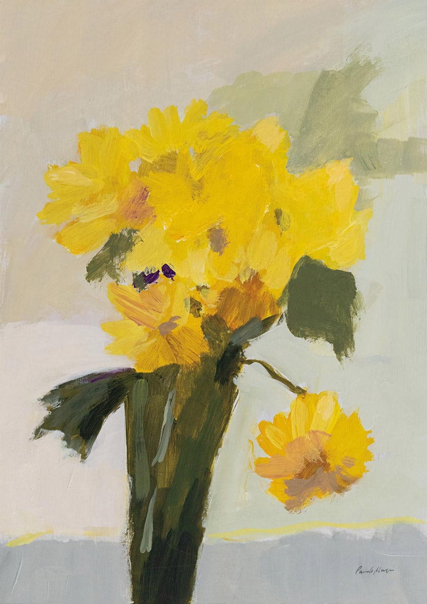 Painting of yellow flowers in a dark vase with one bloom fallen, against a muted sage background