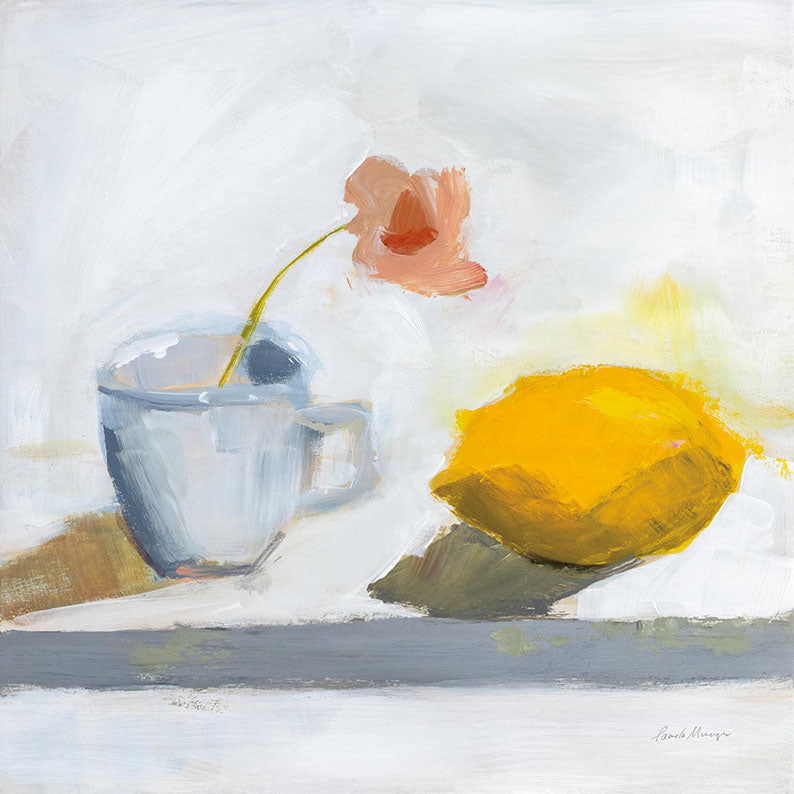 Loose still life painting of a lemon, teacup and poppy flower in blue, yellow and grey tones.