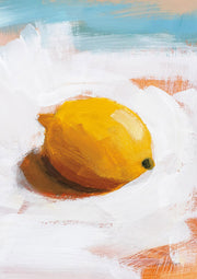 Painterly still life of a single yellow lemon on a white background with blue and peach brushstrokes