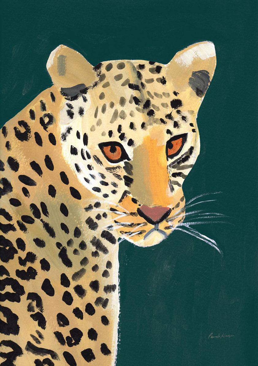 Painted portrait of a spotted wildcat with amber eyes against a dark green background