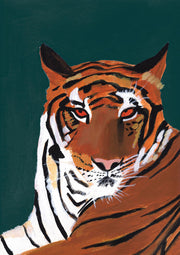Close-up painted portrait of a tiger with red eyes and bold stripes on dark green