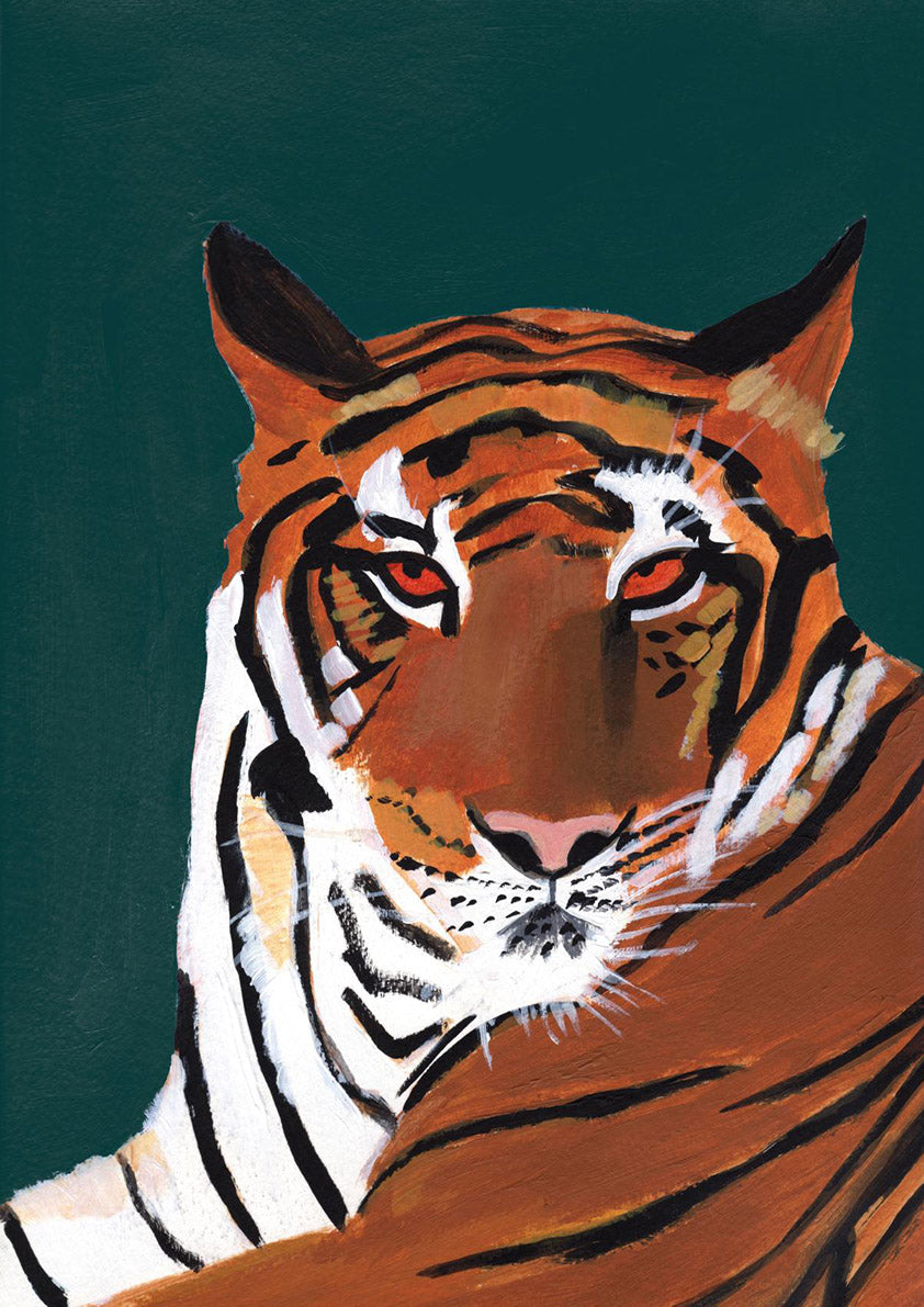 Close-up painted portrait of a tiger with red eyes and bold stripes on dark green