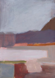 Abstract painting with horizontal bands in plum, burnt orange, pink and olive tones