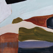 Abstract painting with pale blue, rust, olive, cream and navy shapes in flat interlocking planes.