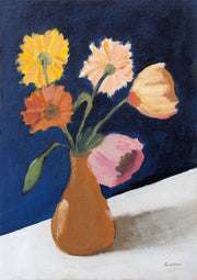 Painting of orange, yellow, peach and pink flowers in a brown vase against indigo background